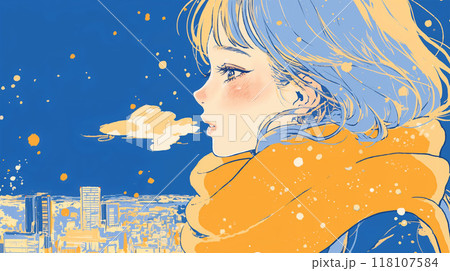 雪の降る街を眺める女性の横顔のイラスト素材 [118107584] - PIXTA