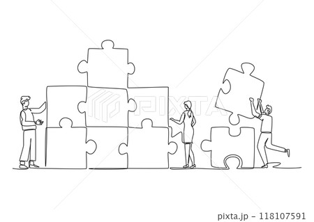 Continuous one line drawing group of young business people arrange puzzle pieces to build strong building. Collaboration business teamwork concept. Single line draw design vector graphic illustration 118107591