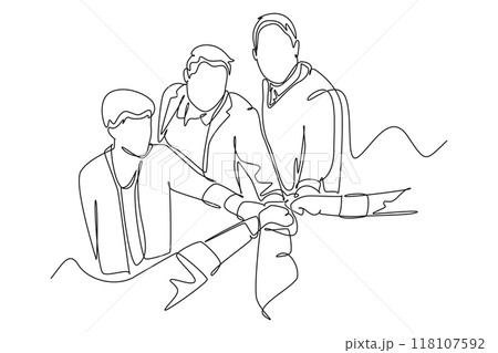 Continuous one line drawing group of young happy male and female business people unite their hands together to form a circle shape. Teamwork unity. Single line draw design vector graphic illustration Continuous one line drawing group of young happy male and female business people unite their hands together to form a circle shape. Teamwork unity. Single line draw design vector graphic illustration 118107592
