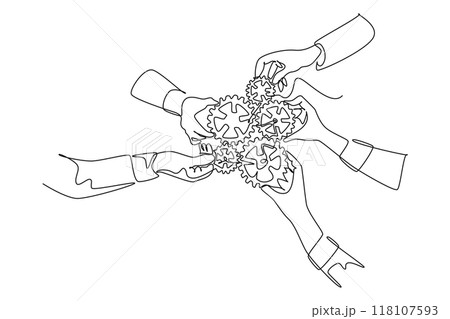 Continuous one line drawing hand gesture male and female business team member unite piece of gears to one as team building symbol. Teamwork concept. Single line draw design vector graphic illustration 118107593