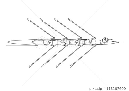 Single continuous line drawing top view businessman leader with binoculars lead business team with rowing boat. Teamwork or support to achieve target. One line draw graphic design vector illustration Single continuous line drawing top view businessman leader with binoculars lead business team with rowing boat. Teamwork or support to achieve target. One line draw graphic design vector illustration 118107600