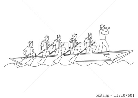 Single continuous line drawing group of male team member take boat heading to an island while leader navigate them using binocular. Teamwork concept. One line draw graphic design vector illustration 118107601
