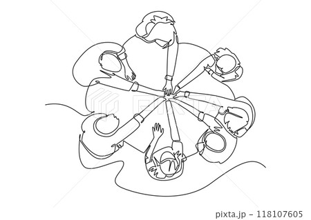 Single one line drawing top view group of young male female business people unite their hands together to form circle shape symbol. Teamwork concept. Continuous line design graphic vector illustration 118107605