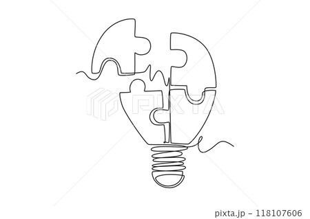 Single one line drawing light bulb with pieces of puzzles forming connecting identity. Teamwork and collaboration smart company concept. Modern continuous line draw design graphic vector illustration 118107606
