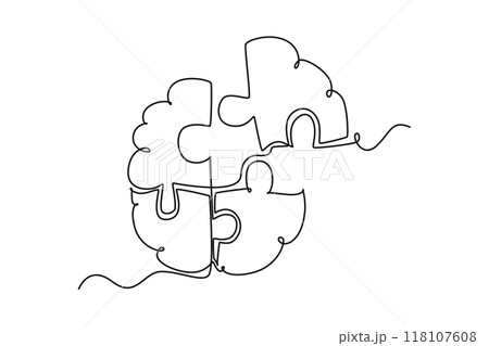 Single one line drawing of human brain forming from piece of puzzles logo identity. Head anatomy and smart psychological people concept. Modern continuous line draw design graphic vector illustration 118107608