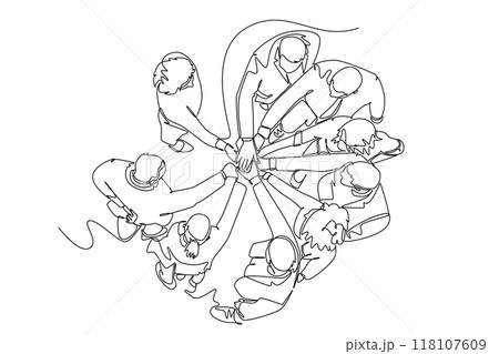 Single one line drawing top view of group young happy business people unite their hands together to form circle shape symbol. Teamwork concept. Continuous line draw design graphic vector illustration 118107609