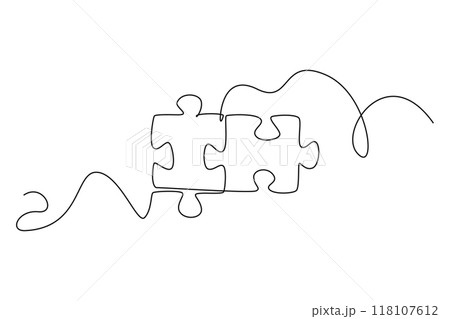 Single one line drawing puzzle pieces for connection company logo identity. Puzzle jigsaw metaphor for teamwork collaboration business concept. Continuous line draw design graphic vector illustration Single one line drawing puzzle pieces for connection company logo identity. Puzzle jigsaw metaphor for teamwork collaboration business concept. Continuous line draw design graphic vector illustration 118107612