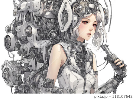 白バックに機械化したかわいい女性のイラスト 118107642
