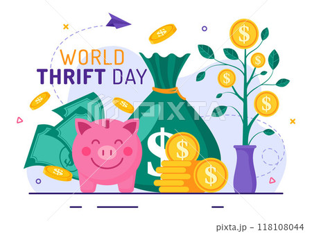 World Thrift Day Vector Illustration on 31 October with a Piggy Bank and Coins for Saving, Financial Literacy, and Economic Stability in a Background 118108044