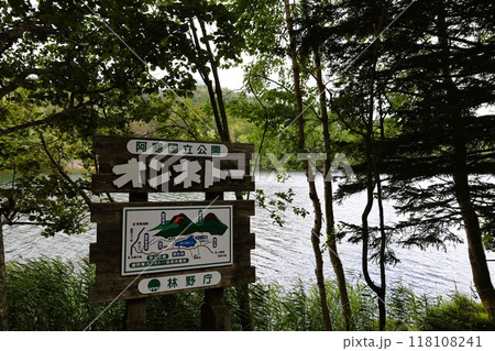 夏の北海道、オンネトー野営場、キャンプ場、ソロキャンプ、湖畔にたたずむキャンプ場、静寂の湖、朝霧を 118108241