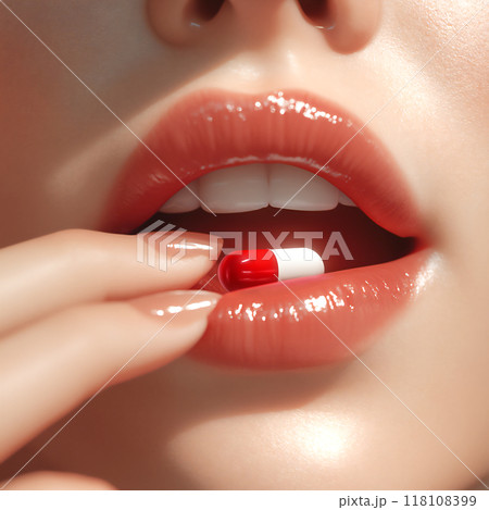 サプリメントか薬を飲む女性の口元 サプリメントか薬を飲む女性の口元 118108399