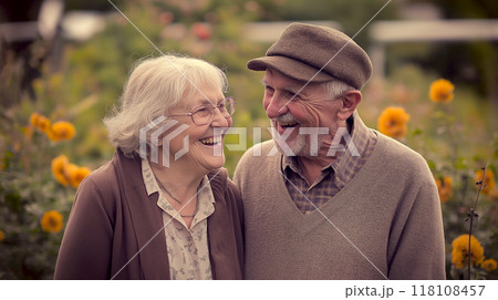 Portrait of a Happy senior couple embracing hugging and having fun in the garden when traveling in spring, 118108457