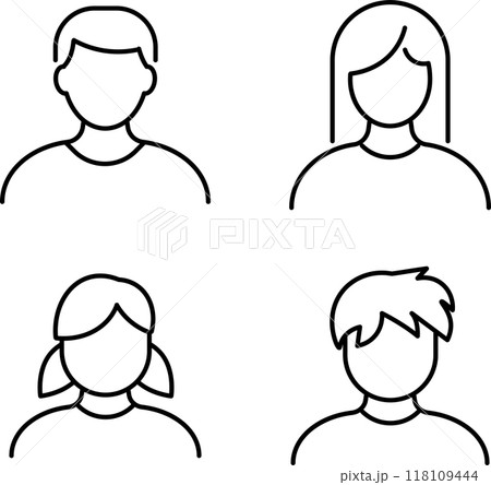 ベクターでモノクロの大人と子どものアバター線画アイコンセット ベクターでモノクロの大人と子どものアバター線画アイコンセット 118109444