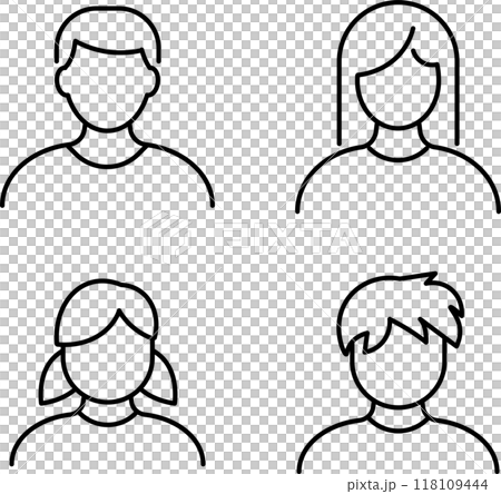 ベクターでモノクロの大人と子どものアバター線画アイコンセット ベクターでモノクロの大人と子どものアバター線画アイコンセット 118109444