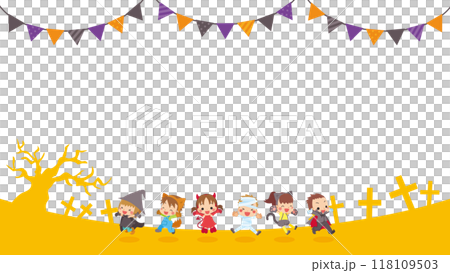 可愛的孩子享受萬聖節服裝框架複製空間的插圖 118109503