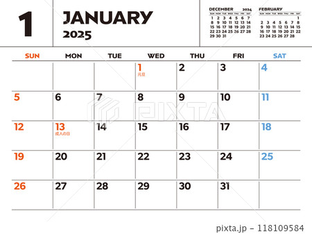 2025年マンスリーカレンダー(1月)祝日・行事入り卓上カレンダー 2025年マンスリーカレンダー(1月)祝日・行事入り卓上カレンダー 118109584