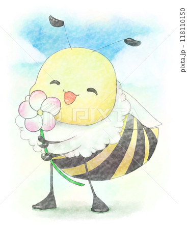 笑顔で花を持つミツバチ(水彩風) 笑顔で花を持つミツバチ(水彩風) 118110150