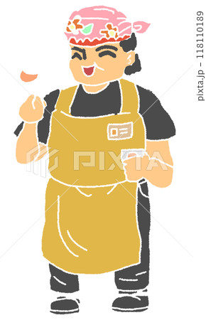 鉛筆画風のみかん試食を勧めるおばちゃんの線画無しのカラーイラスト 118110189