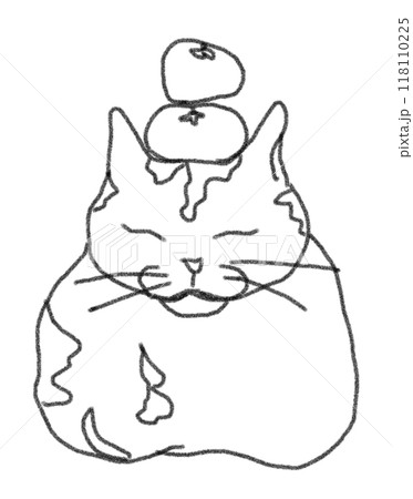 鉛筆画風のみかんを頭に乗せられている猫の線画イラスト 118110225
