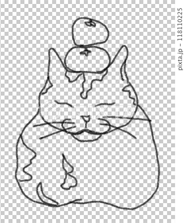 鉛筆画風のみかんを頭に乗せられている猫の線画イラスト 118110225