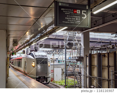 新宿駅に停車中の成田エクスプレス(N'EX)E259系電車とのりば案内表示 新宿駅に停車中の成田エクスプレス(N'EX)E259系電車とのりば案内表示 118110307