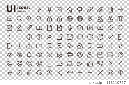 UI icon line: Basic simple set (medium thickness) For smartphone and web design menu icons, etc. UI icon line: Basic simple set (medium thickness) For smartphone and web design menu icons, etc. 118110727