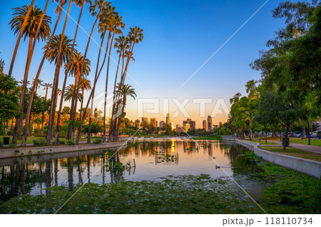 Skyline of Los Angeles downtown in California during sunset from Echo Lake Park 118110734