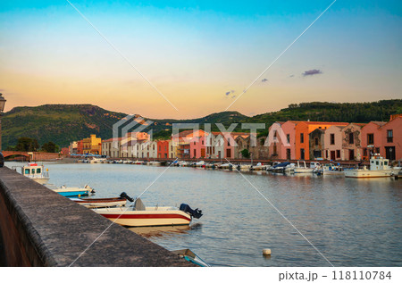 Sunset over Bosa with Temo River and boats in Sardinia, Italy Sunset over Bosa with Temo River and boats in Sardinia, Italy 118110784