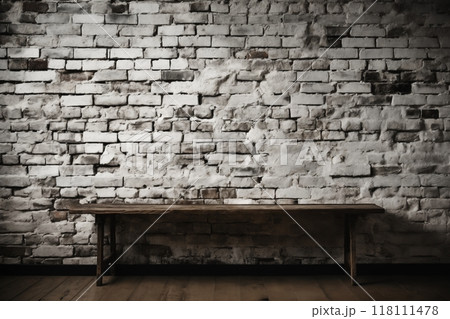 an old white brick wall and a bench in the home interior as a background or texture 118111478