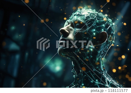 portrait of person with abstract structure or grid around body, dark abstract background with lights, digital art, concept of biotechnology of future 118111577