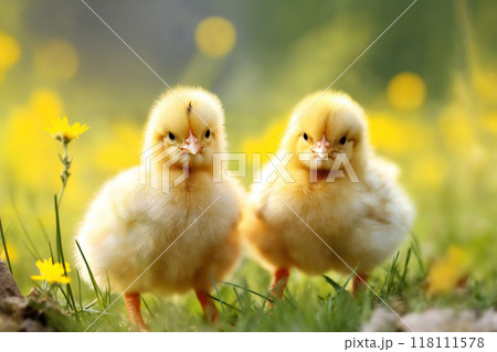 Portrait of small baby chickens on a green grass meadow, bright sunny day, on a ranch in the village, rural surroundings on the background of spring nature 118111578