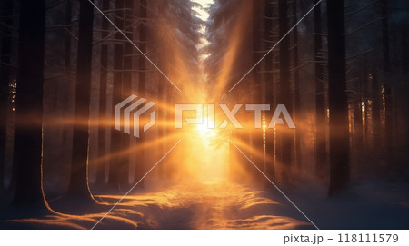 beautiful winter landscape, a trail in a snow covered forest, tree branches with hoarfrost, sunset, bright sunlight and beautiful nature 118111579