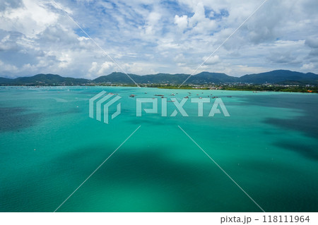 High angle view of Blue sky white clouds over sea with shadow clouds over sea surface nature seascape background 118111964