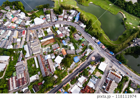 Aerial view of residential houses and driveways neighborhood during in sunny time.Tightly packed homes.Top view over building houses in phuket thailand Aerial view of residential houses and driveways neighborhood during in sunny time.Tightly packed homes.Top view over building houses in phuket thailand 118111974