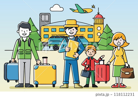 A cheerful family with suitcases goes on a trip to the vacations 118112231
