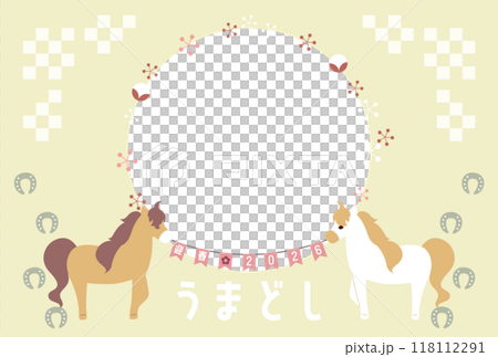 Photo frame New Year's card postcard material with an illustration of the horse motif for the year of the horse in 2026 Photo frame New Year's card postcard material with an illustration of the horse motif for the year of the horse in 2026 118112291