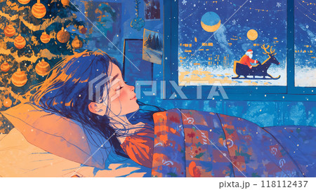 クリスマスに寝る女性とサンタクロース 118112437