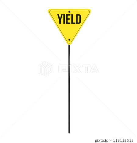 Yellow yield sign on a black pole in a clear urban setting Yellow yield sign on a black pole in a clear urban setting 118112513