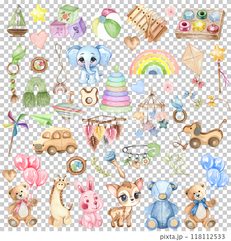 Watercolor Kids Toys Clipart. Wooden Toys Clipart. Baby Shower. Nursery, Kids Room Decor. Eco-friendly Child Toys. 118112533