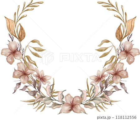 Dried bouquet. Forest watercolor illustration. Hand-drawn dried leaves, flowers, and wild herbs. Dried bouquet. Forest watercolor illustration. Hand-drawn dried leaves, flowers, and wild herbs. 118112556