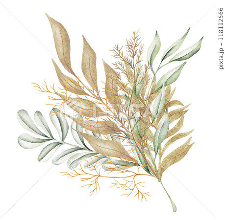 Watercolor floral illustration - green and gold leaf wreath, for wedding stationary, greetings, wallpapers, fashion, background. Eucalyptus, olive, green leaves. 118112566