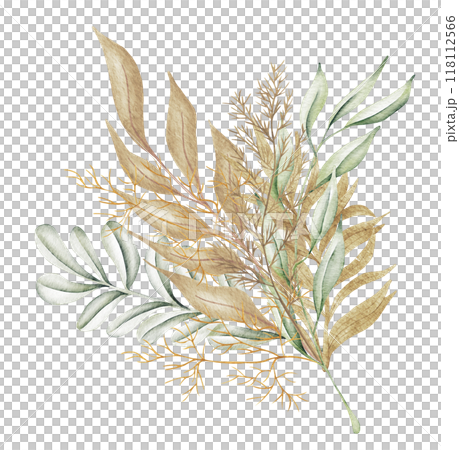 Watercolor floral illustration - green and gold leaf wreath, for wedding stationary, greetings, wallpapers, fashion, background. Eucalyptus, olive, green leaves. 118112566