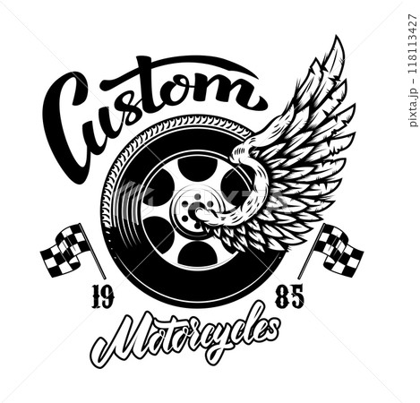 Custom motorcycles.Tshirt print template with winged wheel. Vector illustration Custom motorcycles.Tshirt print template with winged wheel. Vector illustration 118113427