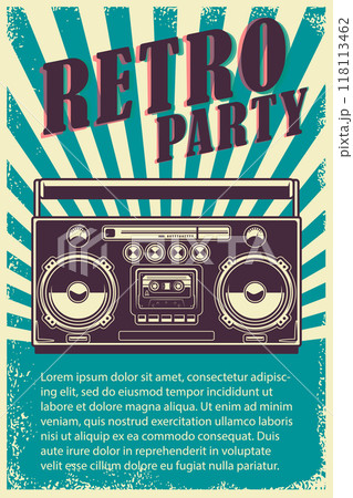 Retro party. Poster template with retro style boombox. Design element for banner, sign, flyer. Vector illustration Retro party. Poster template with retro style boombox. Design element for banner, sign, flyer. Vector illustration 118113462