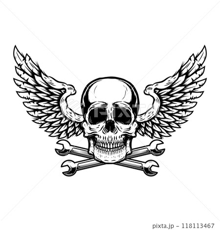 Winged skull with crossed wrenches. Design element for emblem, sign, badge, logo. Vector illustration 118113467