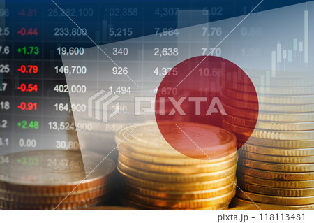 Japan flag with stock market finance, economy trend graph digital technology. 118113481