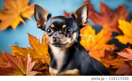 紅葉バックにお座りするチワワ 118113588