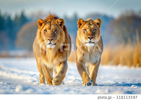Climate change.A pair of two lions runs through the snow in the winter forest 118113597