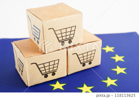 Online shopping, Shopping cart box on EU European Union flag, import export, finance commerce. Online shopping, Shopping cart box on EU European Union flag, import export, finance commerce. 118113625