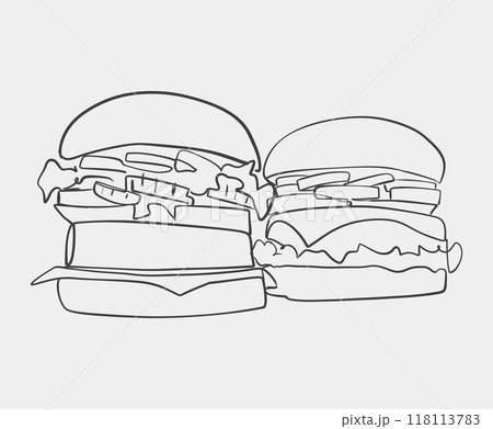 A black and white drawing of a hamburger on a white background 118113783
